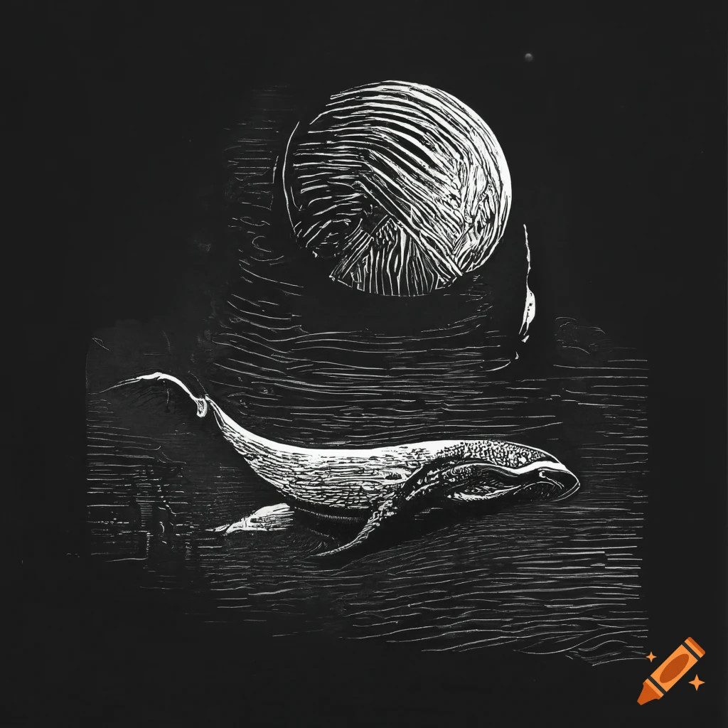 Surreal linocut of a whale flying through deep space in monochrome