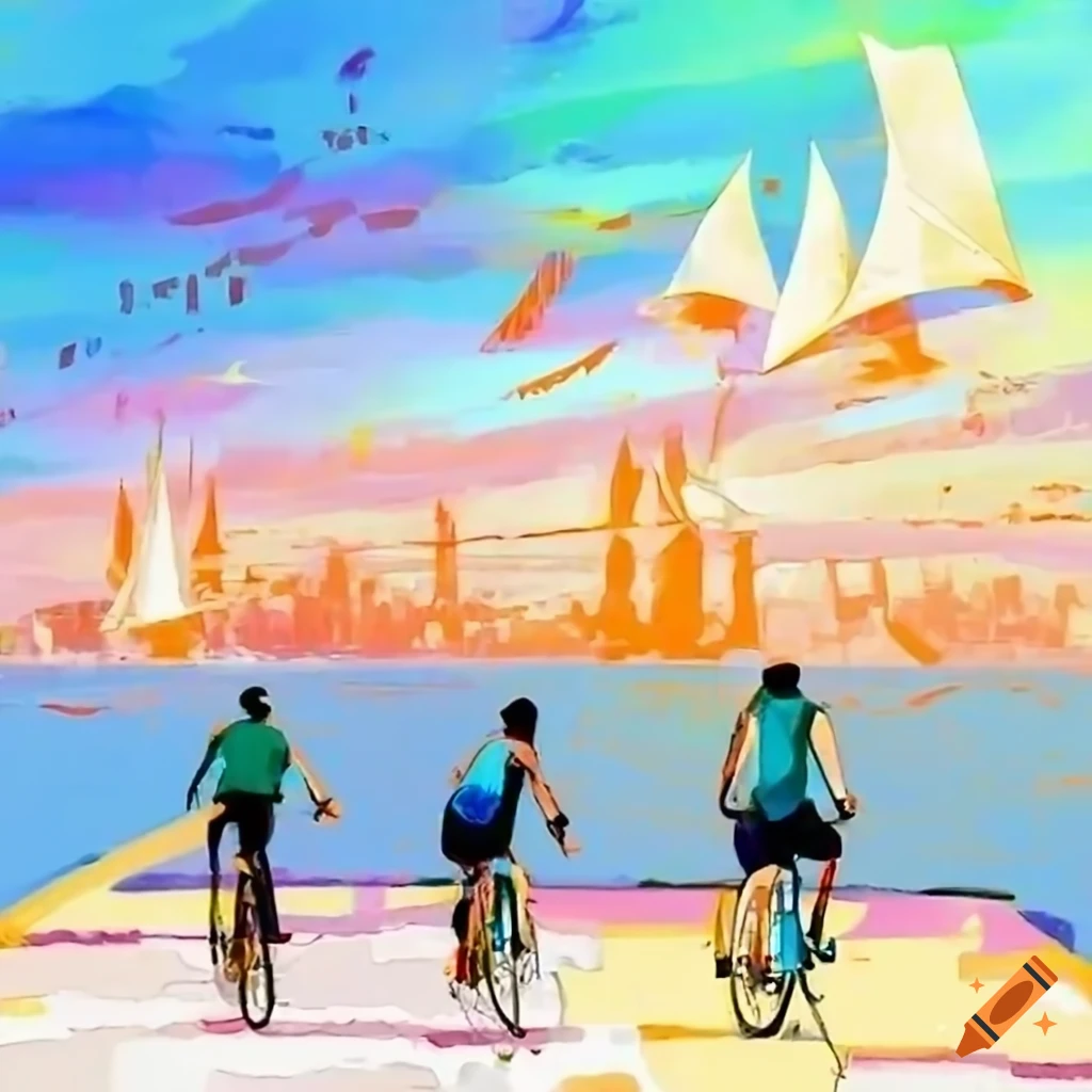 Energetic cyclists along the waterfront with sailboats in the backdrop