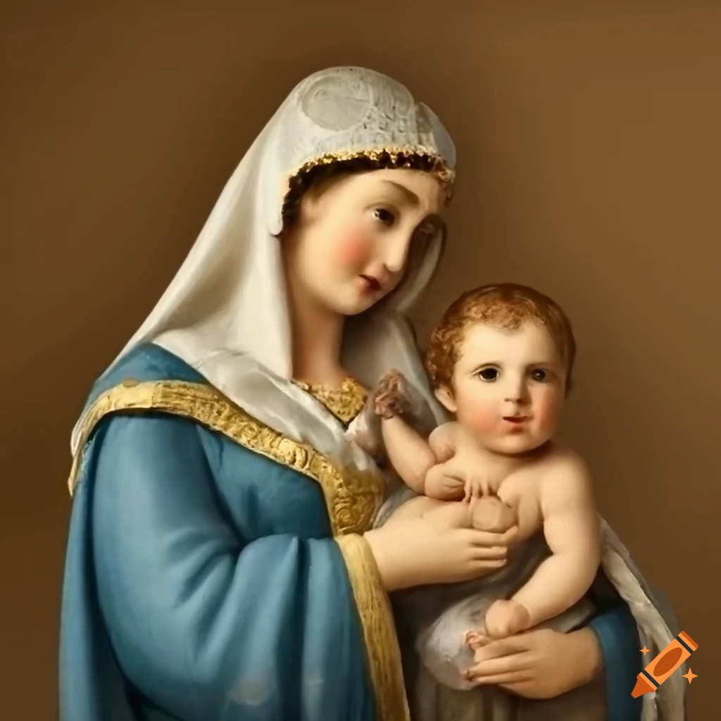 Virgin Mary holding baby Jesus in a serene depiction