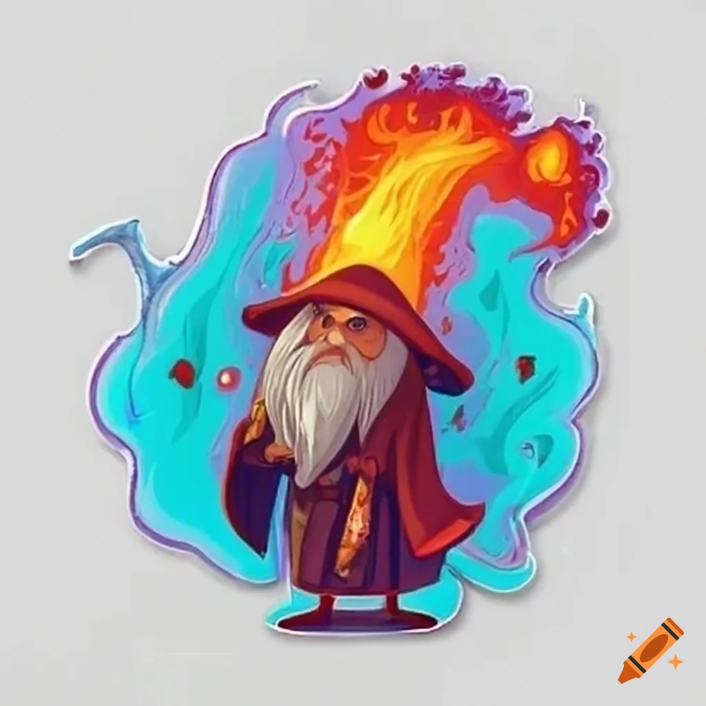Wizard casting a fireball in sticker style