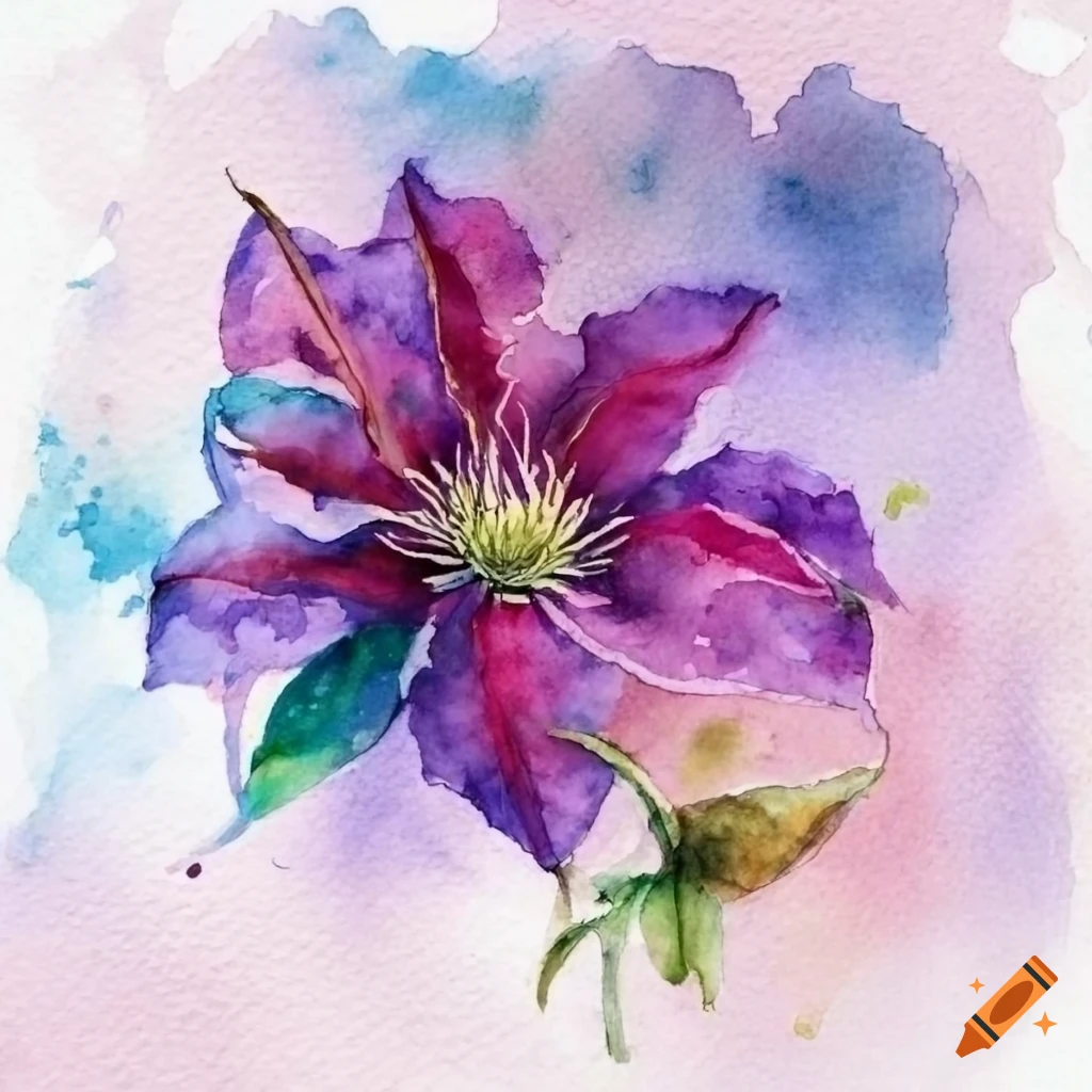 Detailed watercolor painting of a beautiful clematis flower