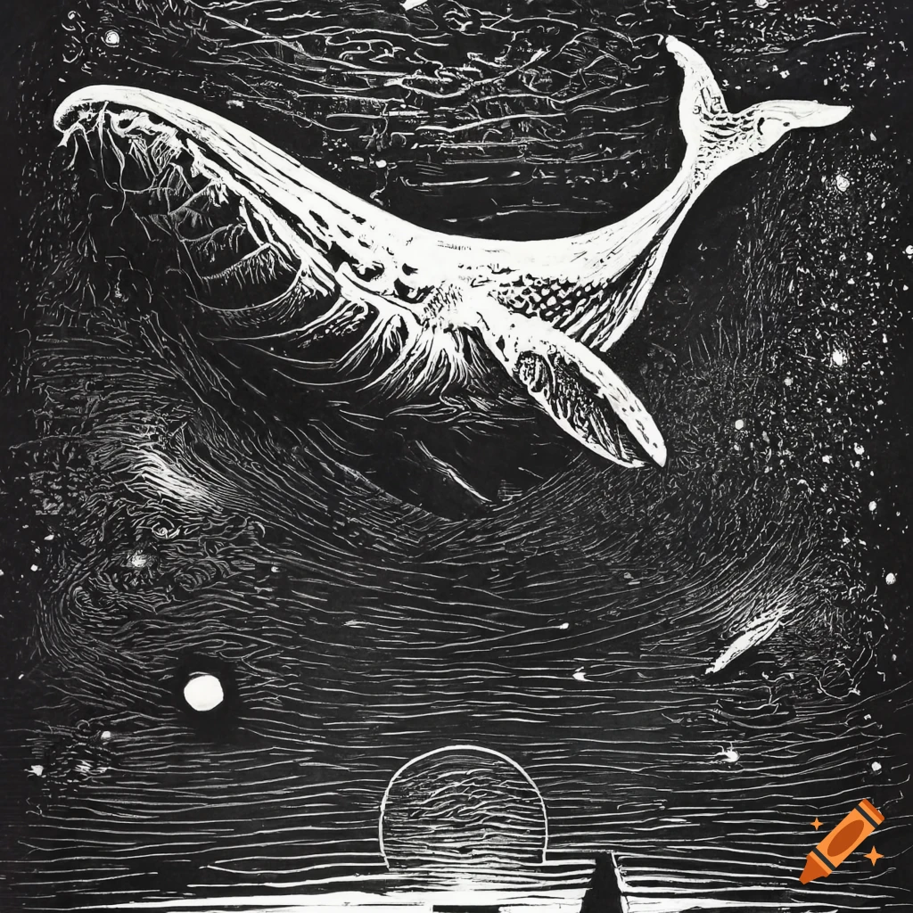 Whale flying through deep space in a surreal monochrome linocut style