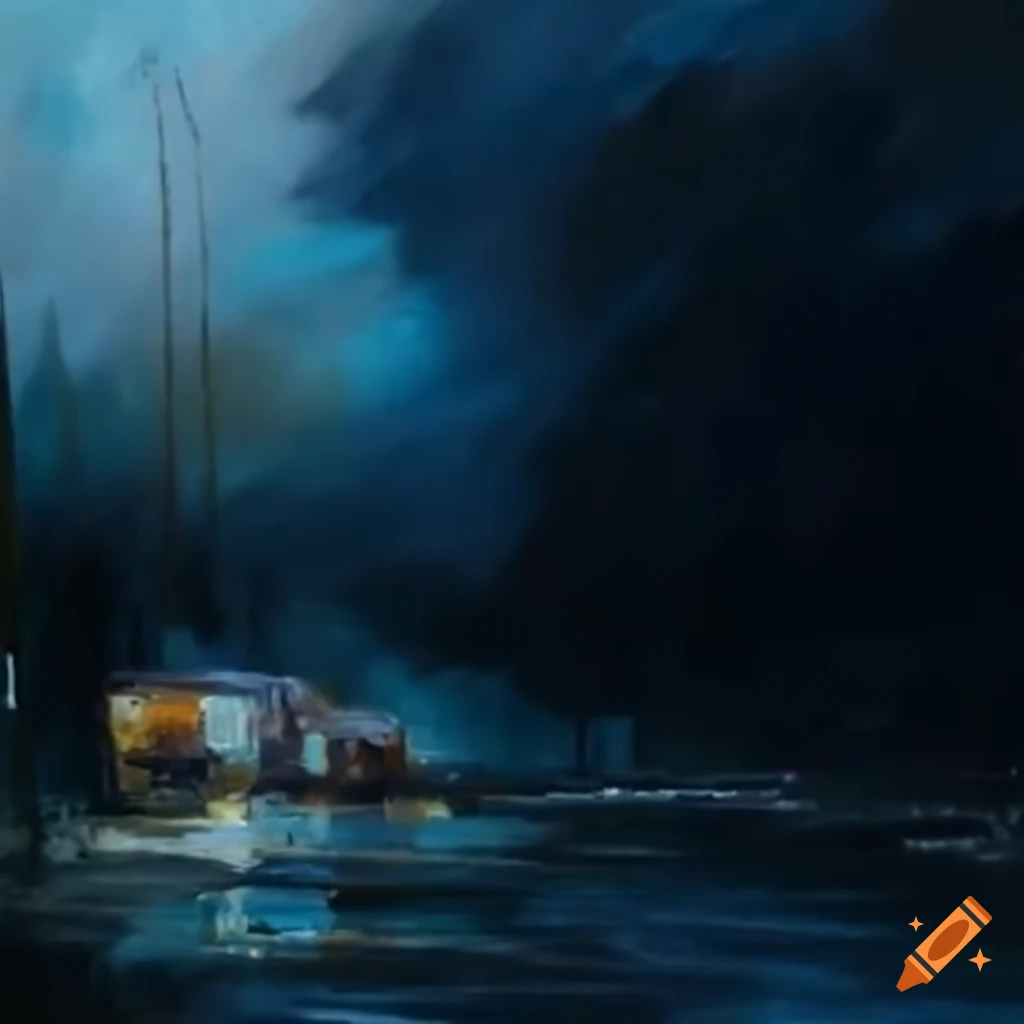 Outdoor scene during a violent storm with a blocked road and trapped truck