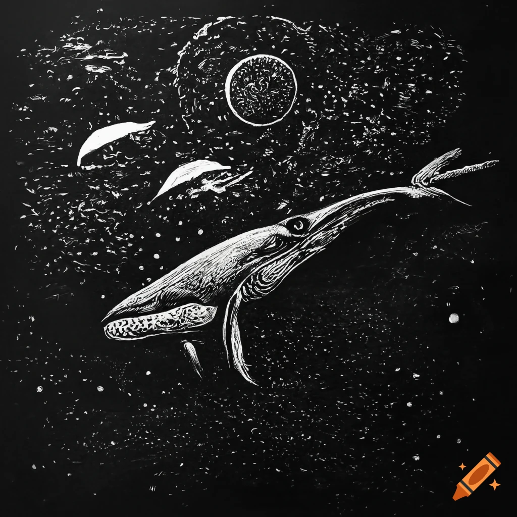 Whale flying through deep space in a Zdzisław Beksiński style linocut
