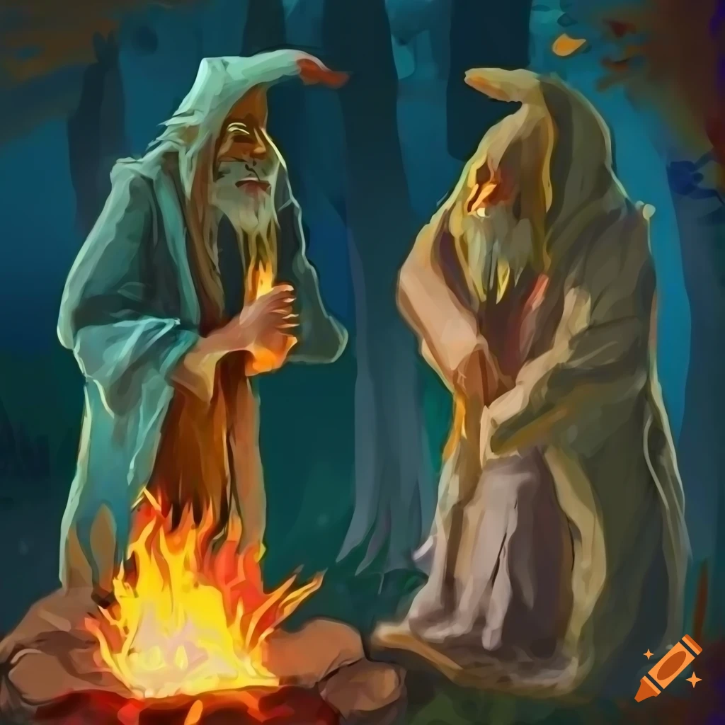 Two old wizards happily pointing at each other in a dark forest setting ...