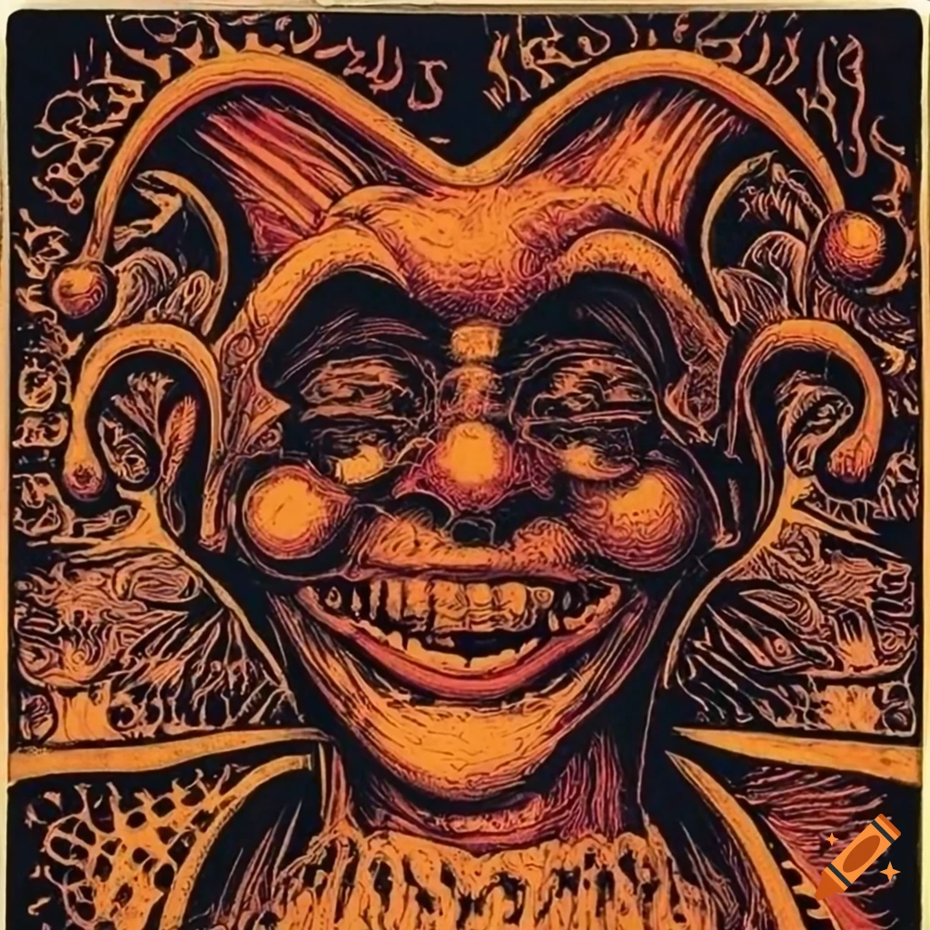Intricately detailed woodcut etching of a jester in 90s style