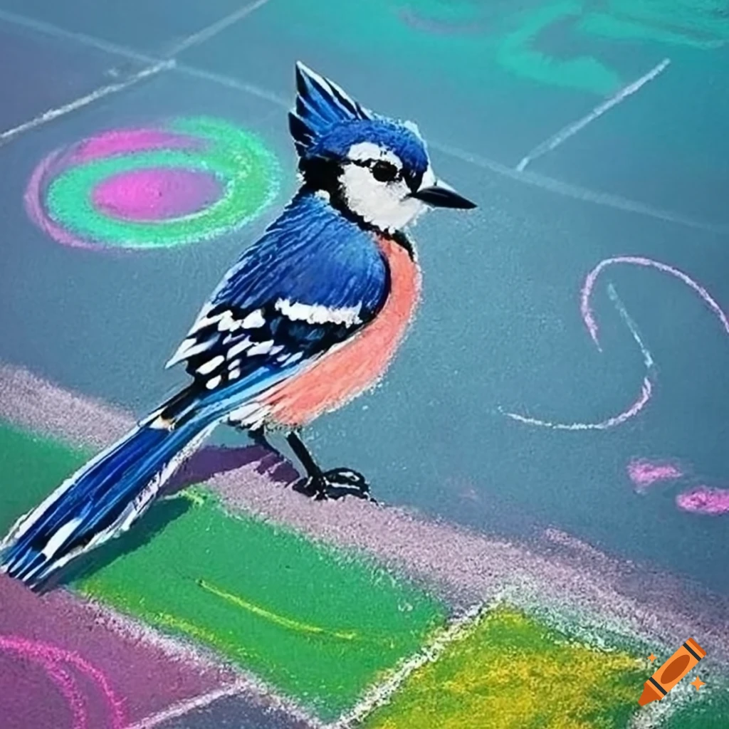 Chalk sidewalk art of a bluejay made with chalk pastels