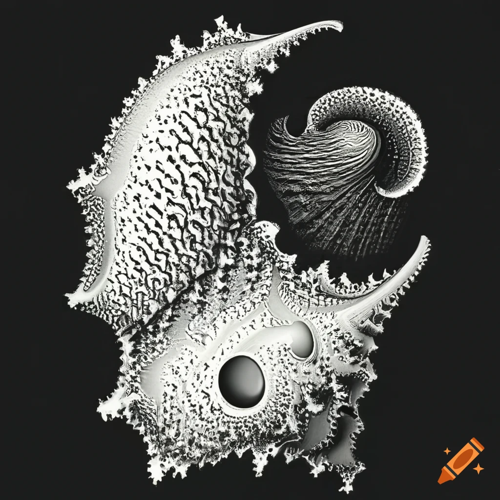 Abstract representation of sea shells in monochrome woodcut style