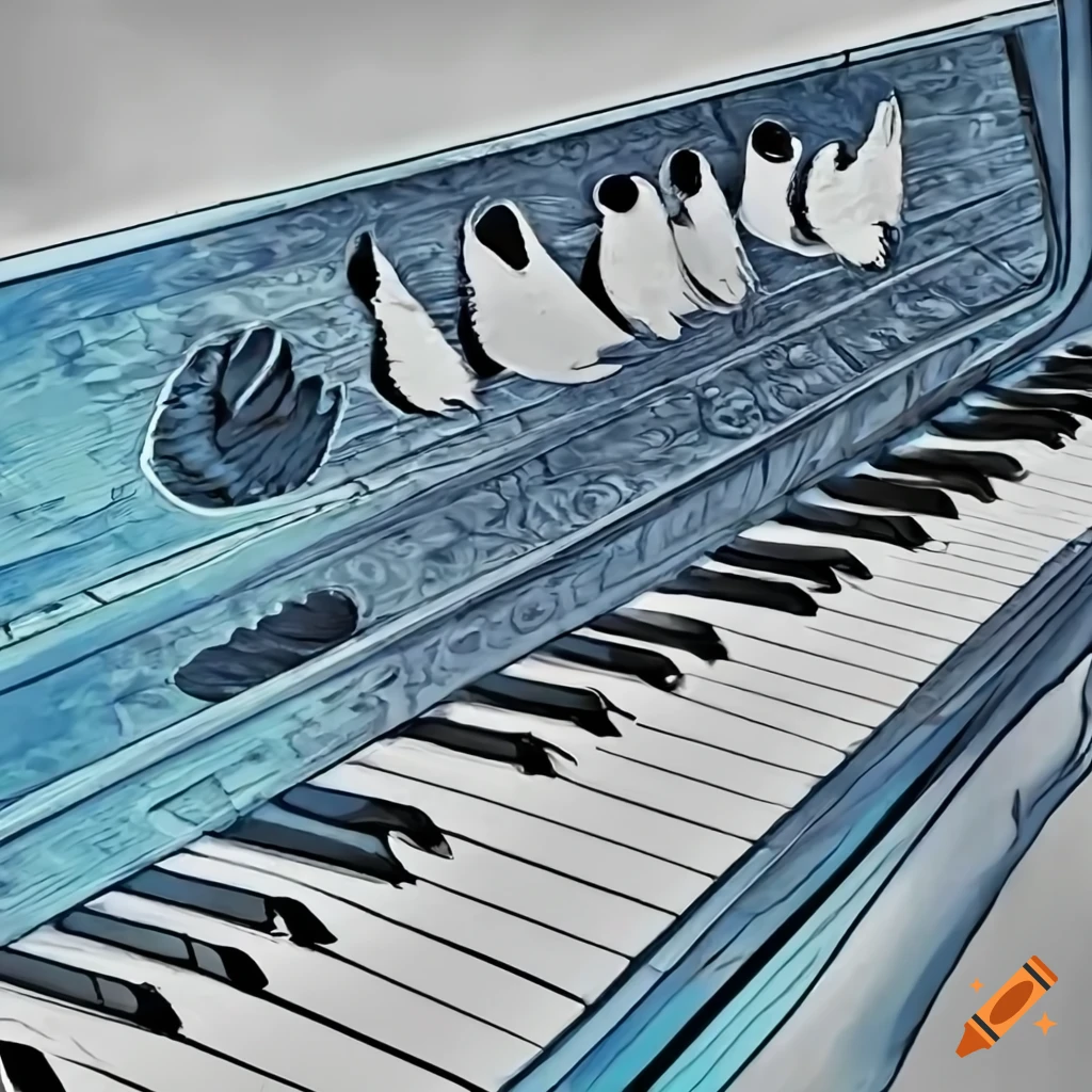 Electric piano with blue and white doves, close-up view