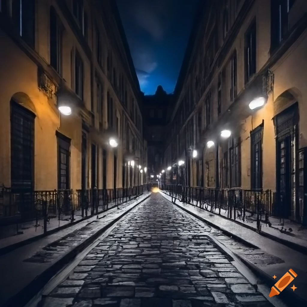 Cityscape in the rain with a renaissance perspective at night
