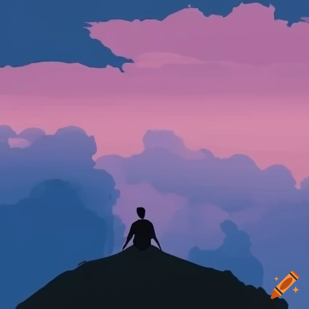 Lonely figure on hilltop gazing at distant figures under a cloudy sky