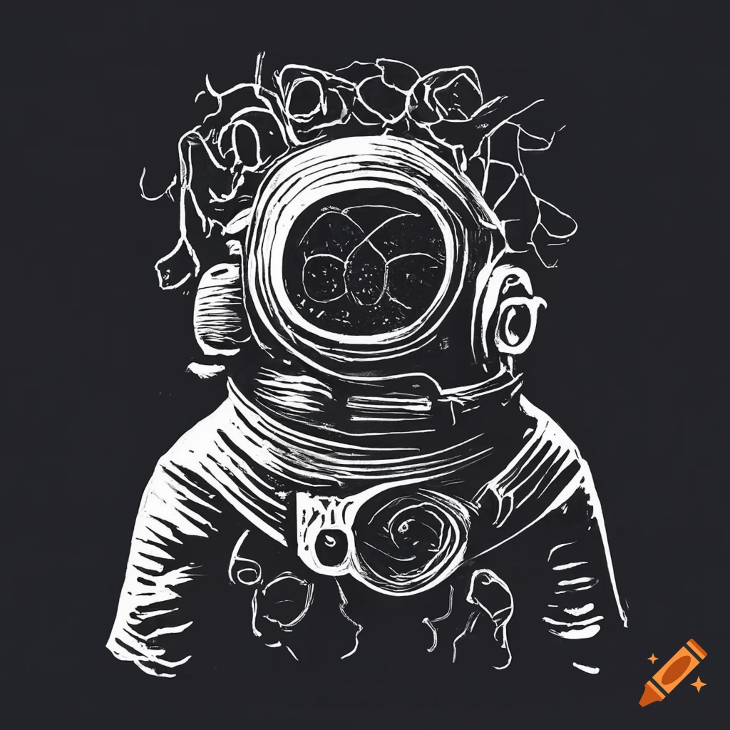 Astronaut with deep sea diver helmet falling in surreal black and white linocut style