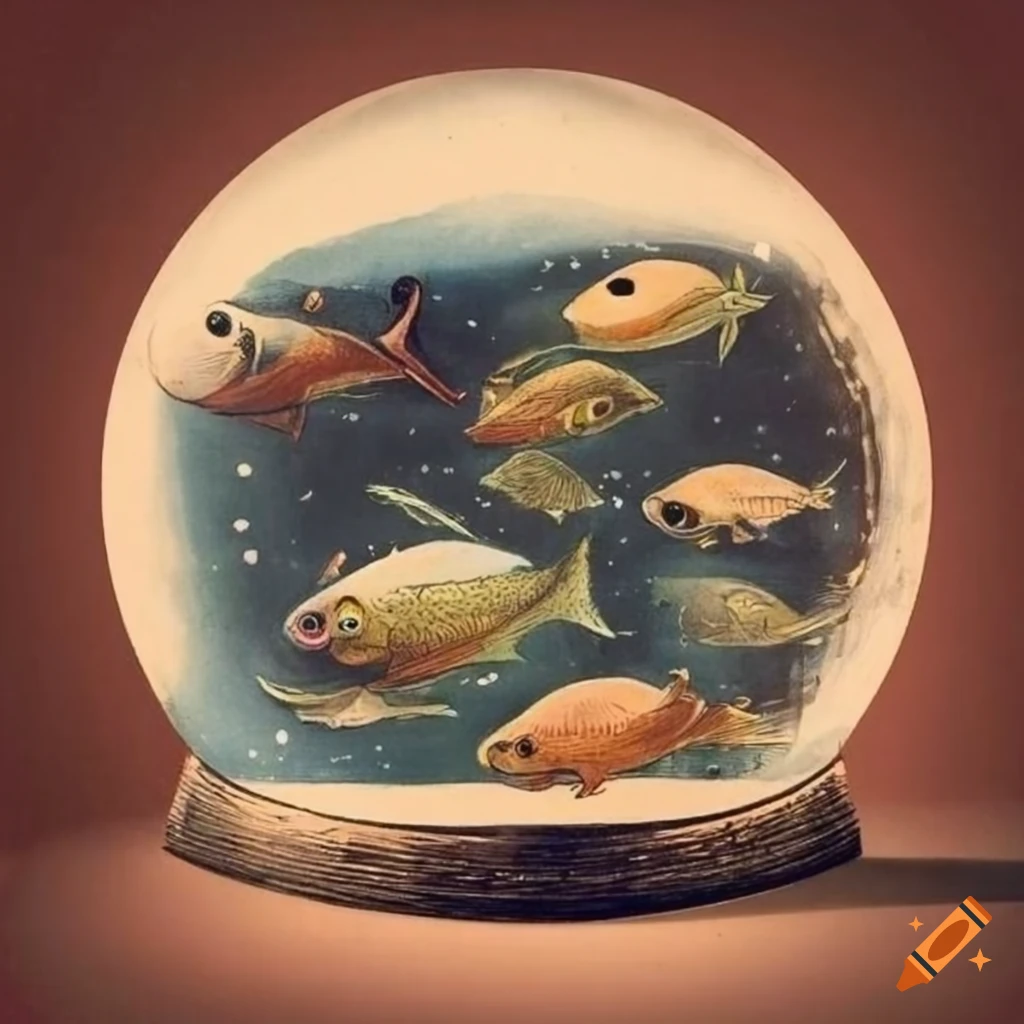 18th century Woodcut of a snow globe with tropical fish inside
