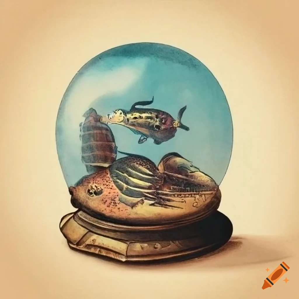 18th century Woodcut of a snow globe with tropical fish inside