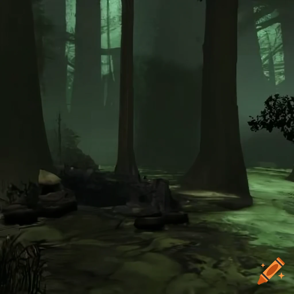 Dark misty acid swamp in PS2 style