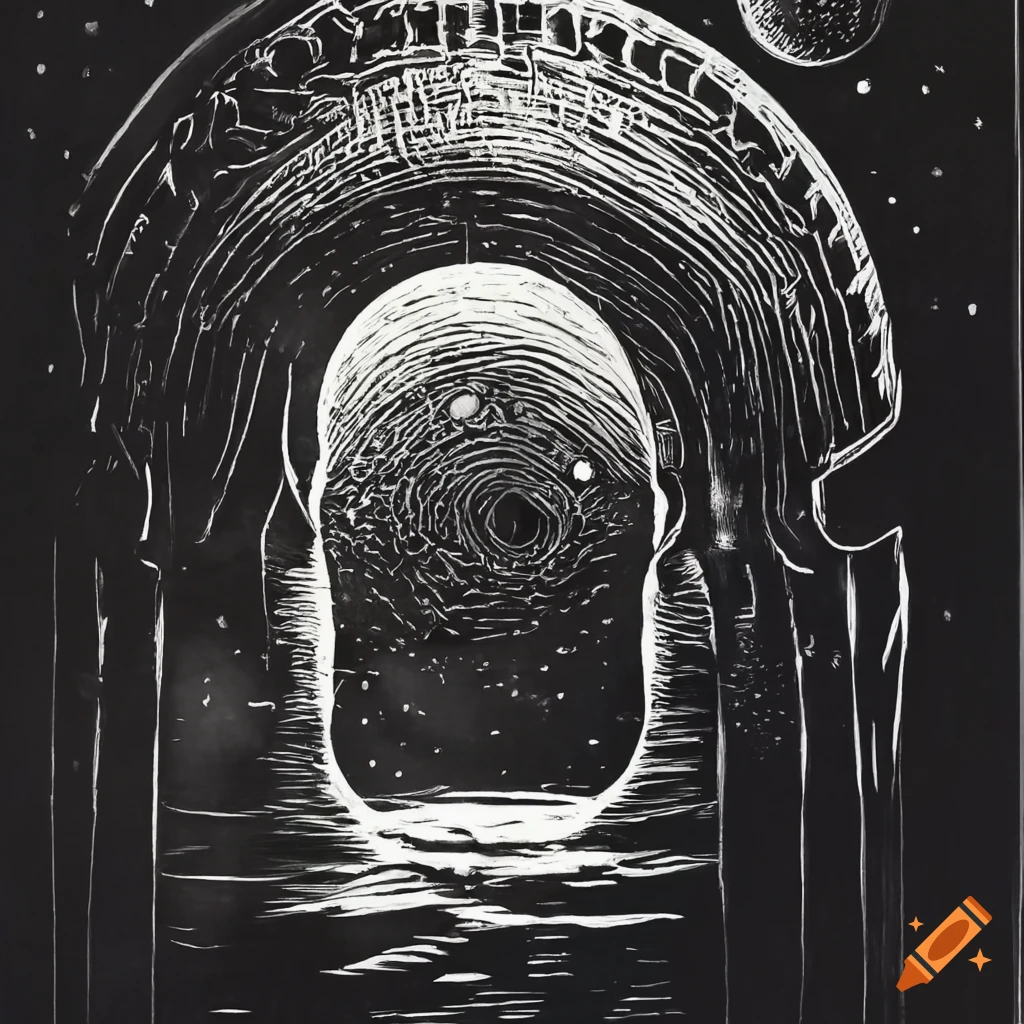 Monochrome linocut of archway in deep space inspired by Zdzisław Beksiński