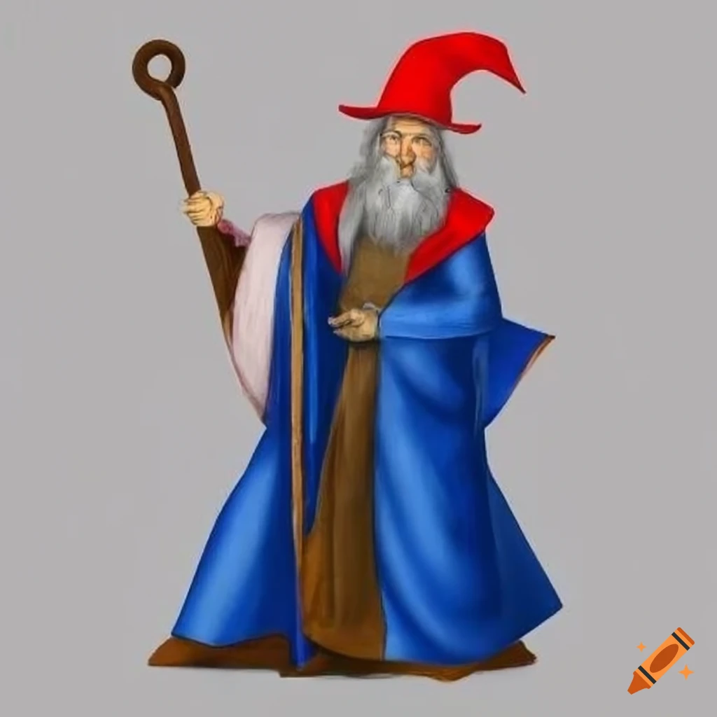 Middle aged wizard in blue coat with red hat
