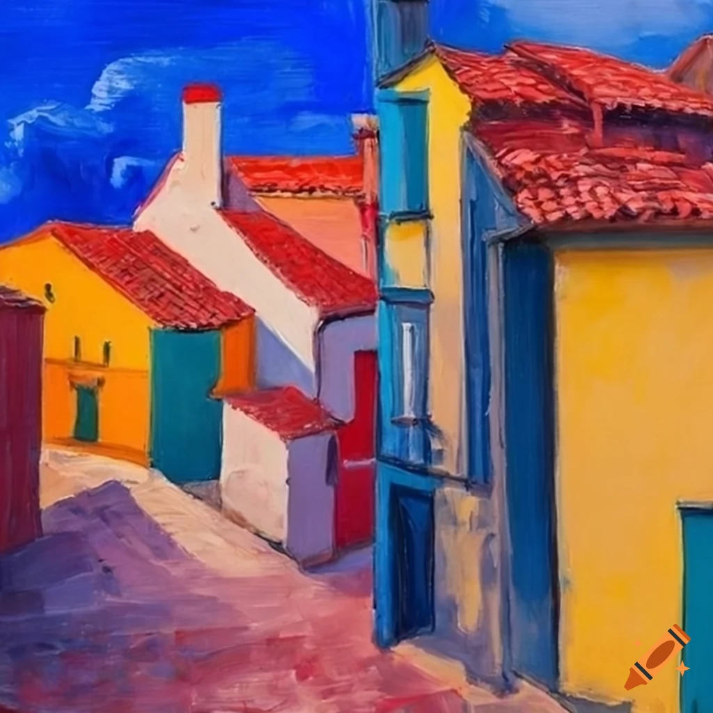 Mediterranean village with red roofs, white walls, and colorful windows and doors