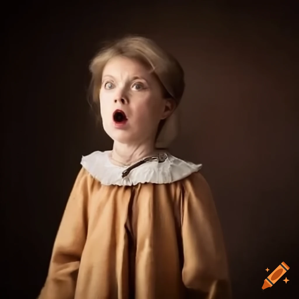 Mother in a peasant-style coat looking amazed and shocked