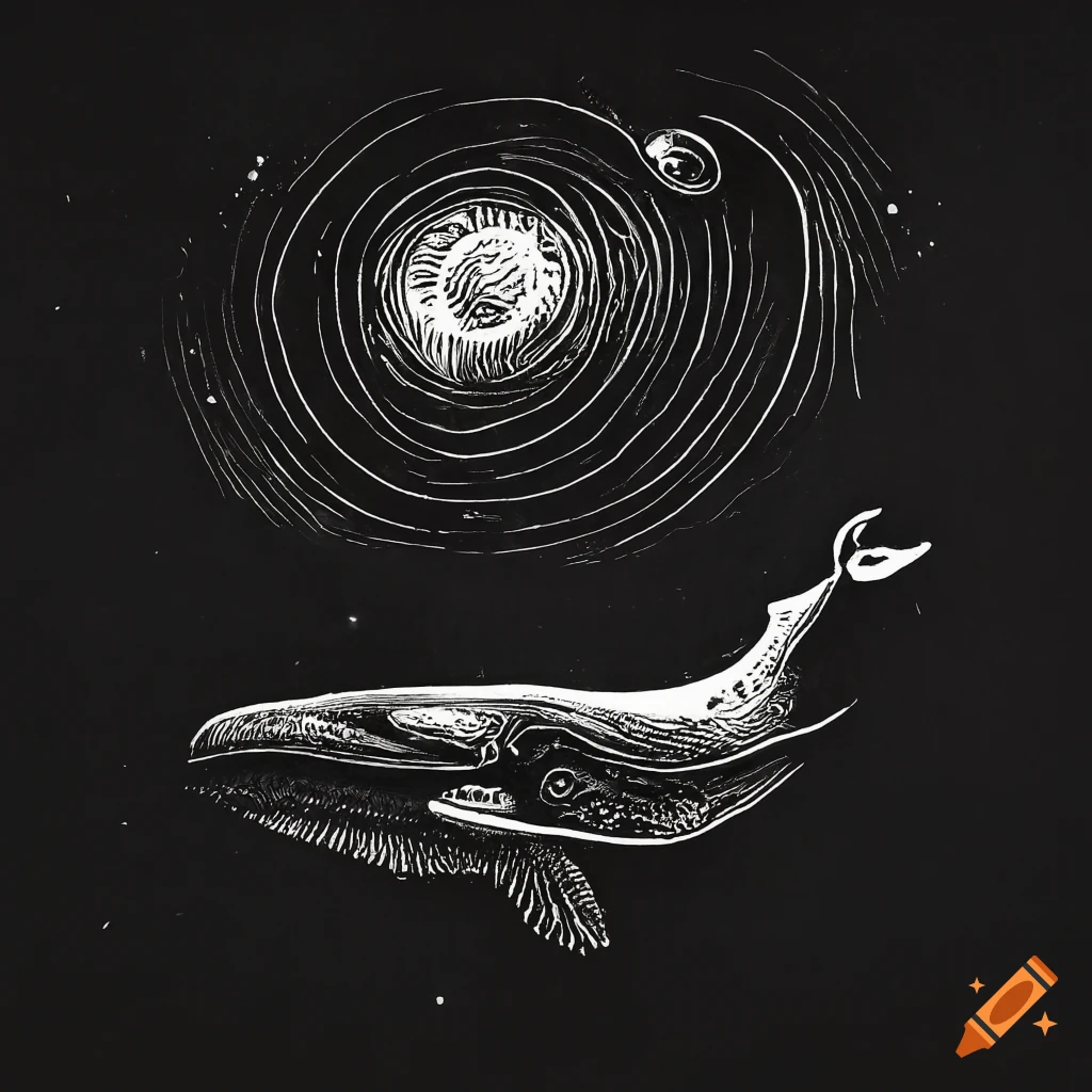 Whale flying through deep space in a surreal monochrome linocut style