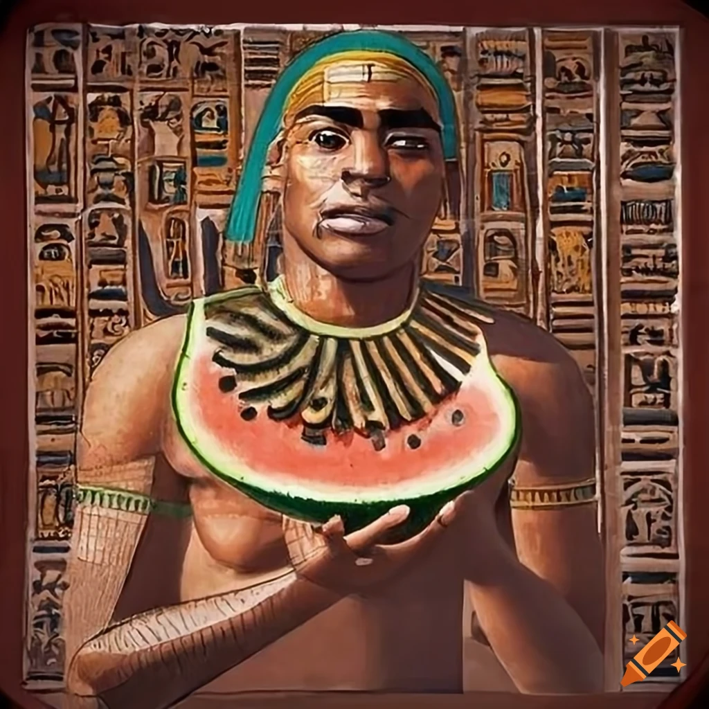 Ancient Egyptian mural with Coolio holding watermelon