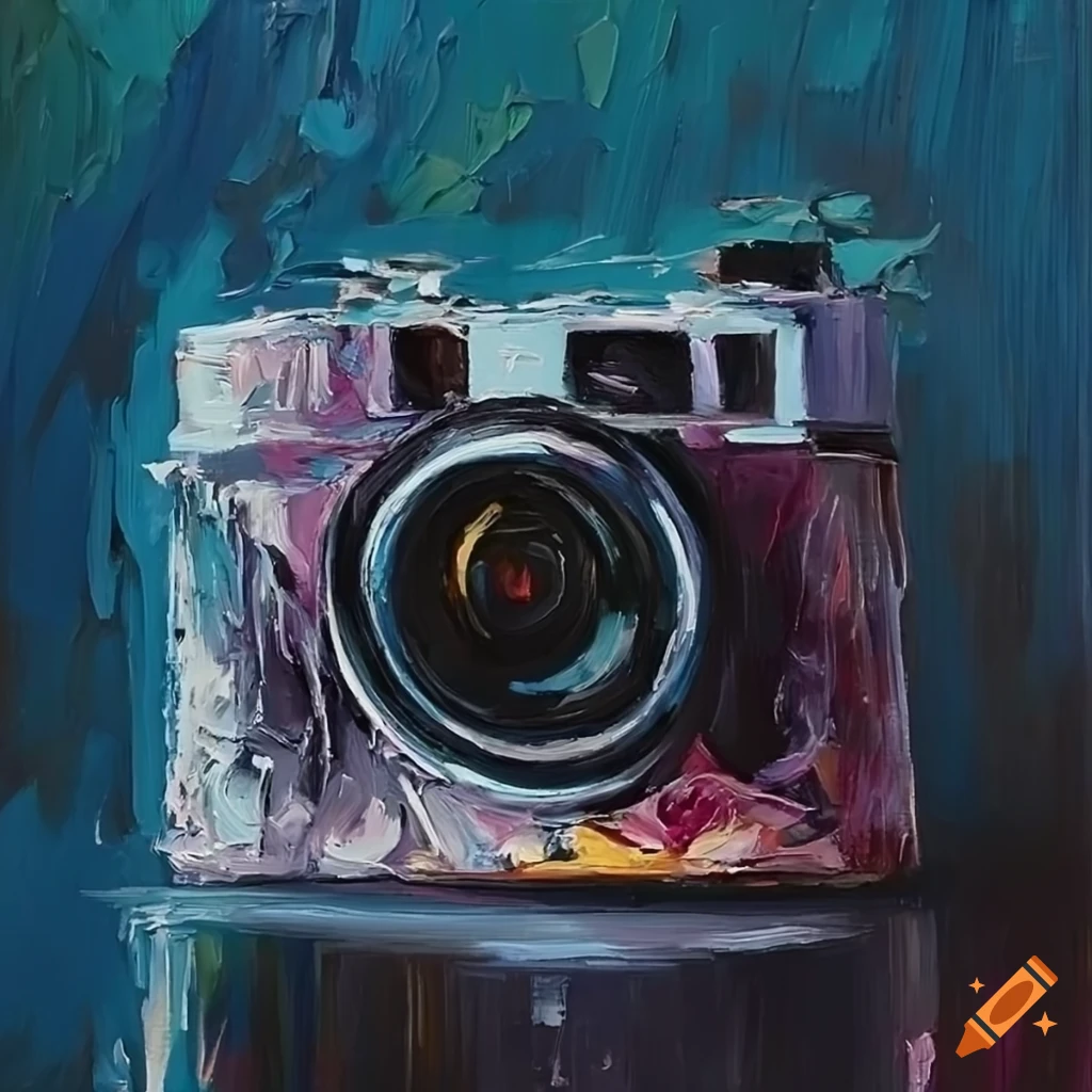 Palette knife oil painting of a Diana-F camera in a minimal style