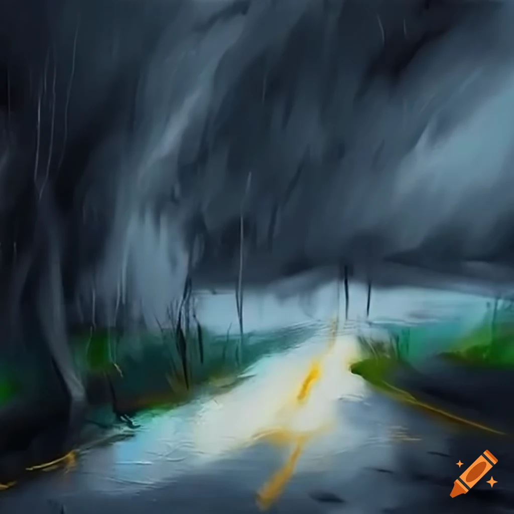 Outdoor scene during a violent storm with a blocked road and trapped truck