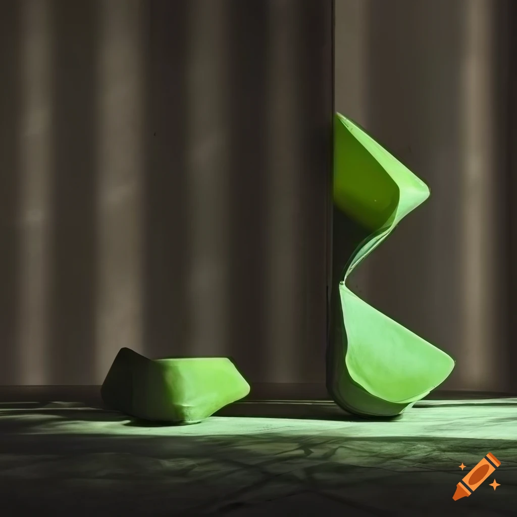Two asymmetrical green ceramic objects on a table in a dark room
