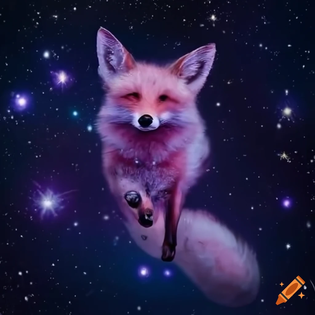 Mythical cosmos fox surrounded by stars and nebulas