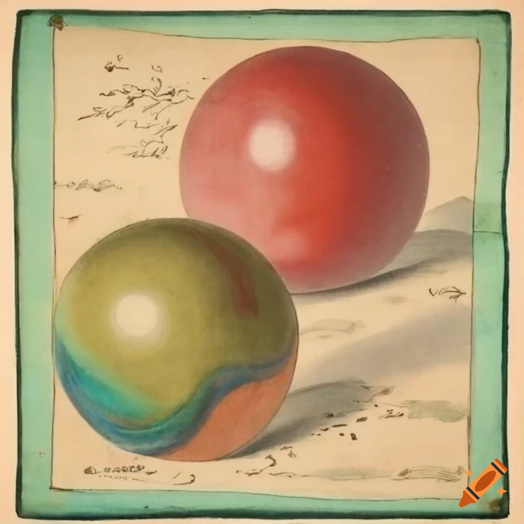 Historic 18th-century scientific drawing of red, green, and blue marbles