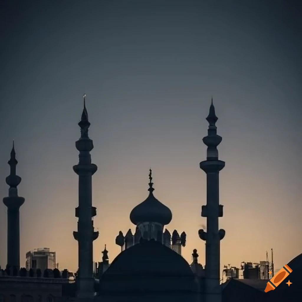 Crescent moon rising over a mosque with a round dome against an industrial building backdrop