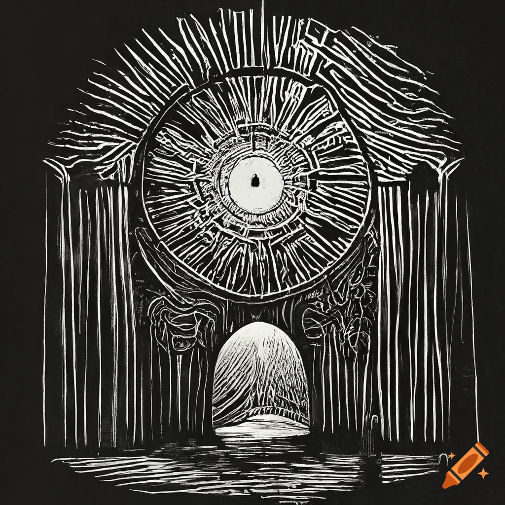Archway floating in deep space towards an eerie star in a monochrome linocut style