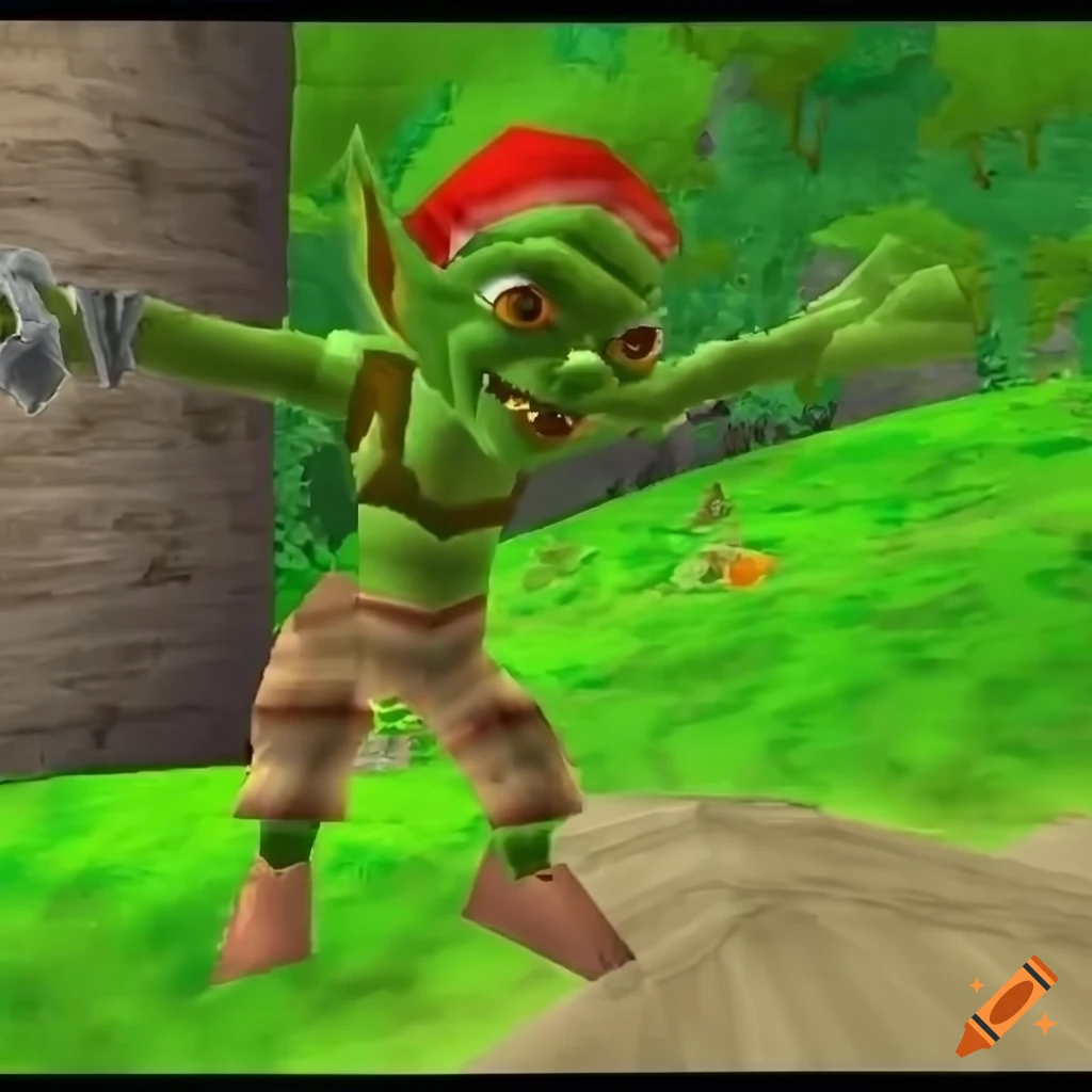 Rolling green hilly landscape in Nintendo 64 style with a small goblin in hoodie and cargo pants