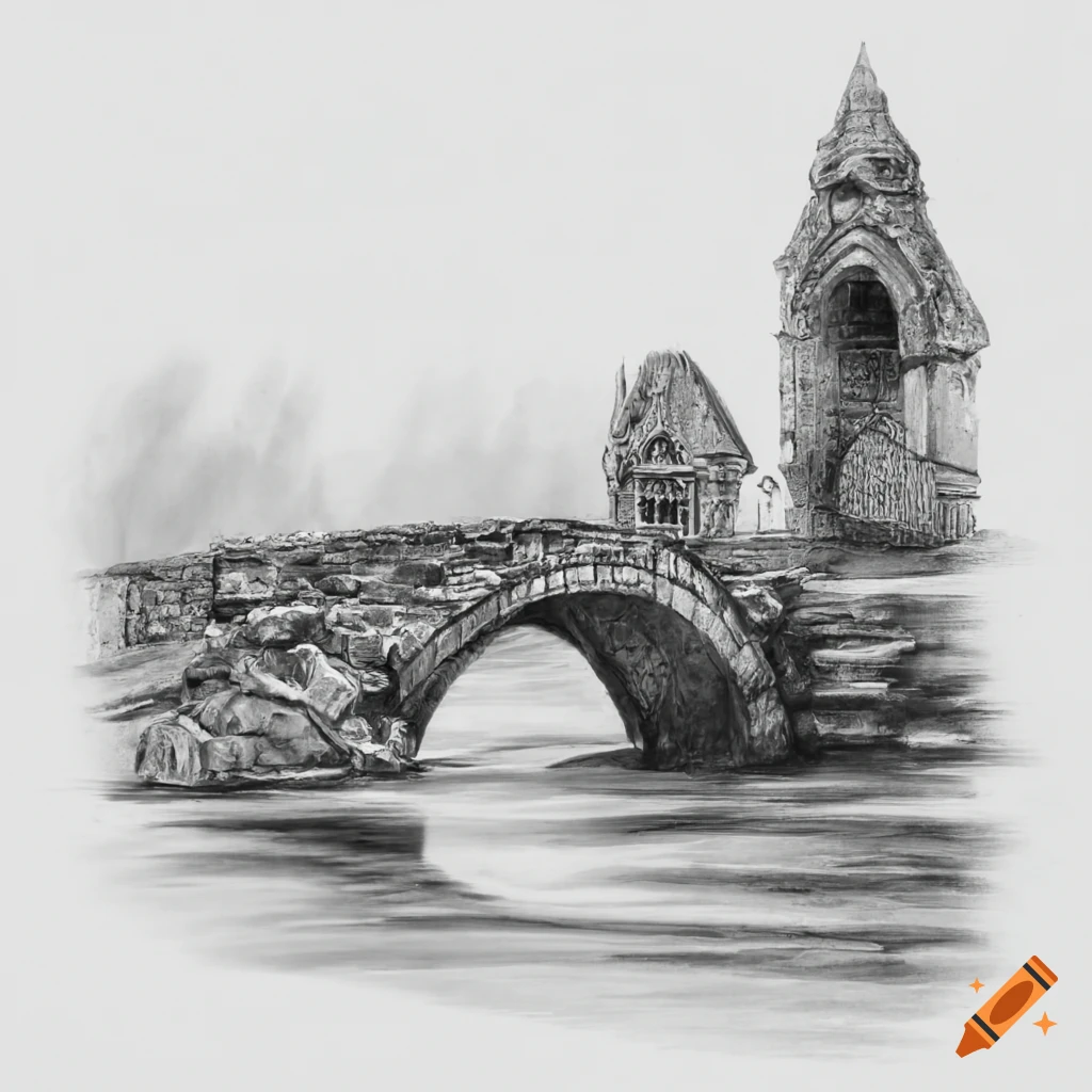 Medieval stone arch bridge with statue over a river