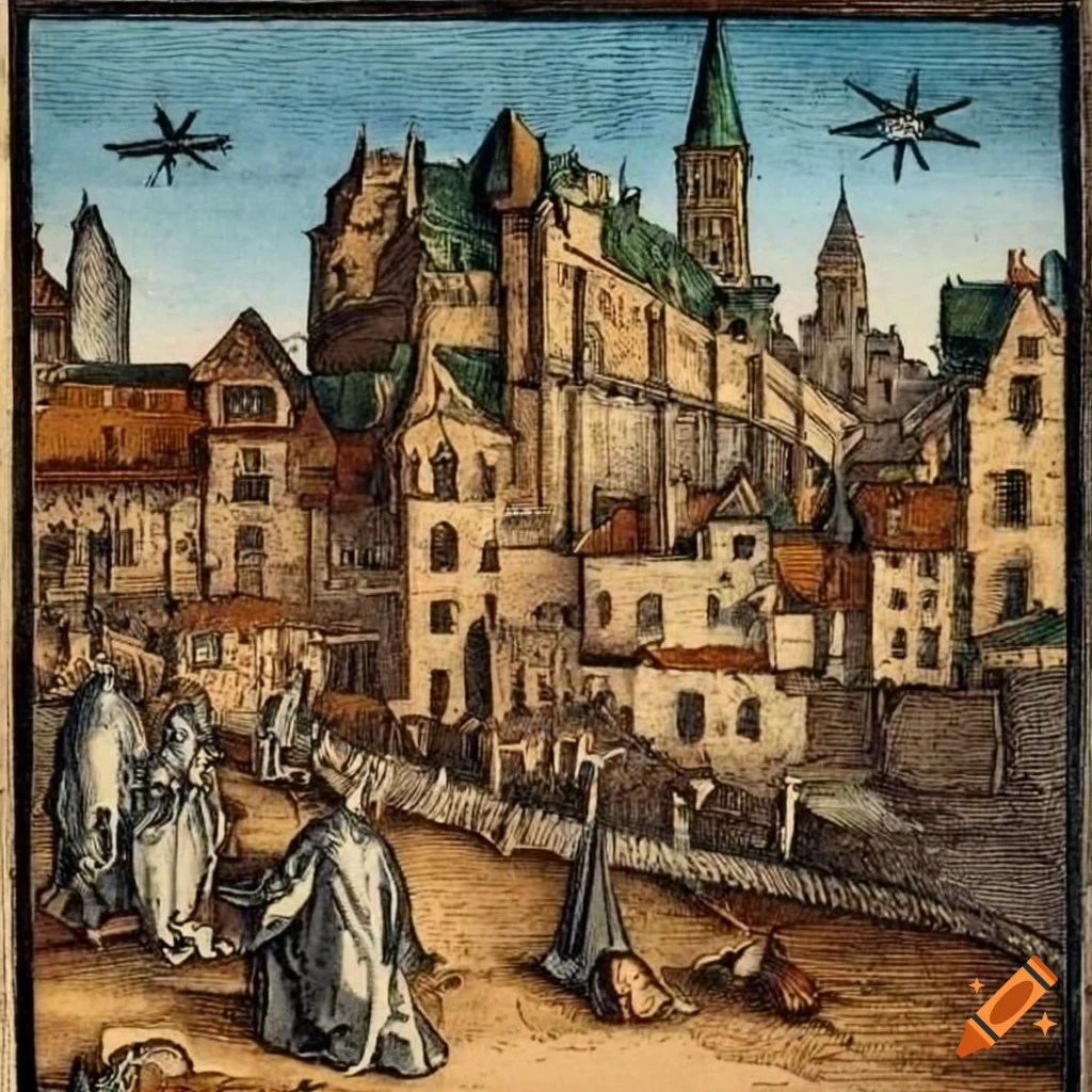 Woodcut of UFOs over an old town in colorful Engraving style