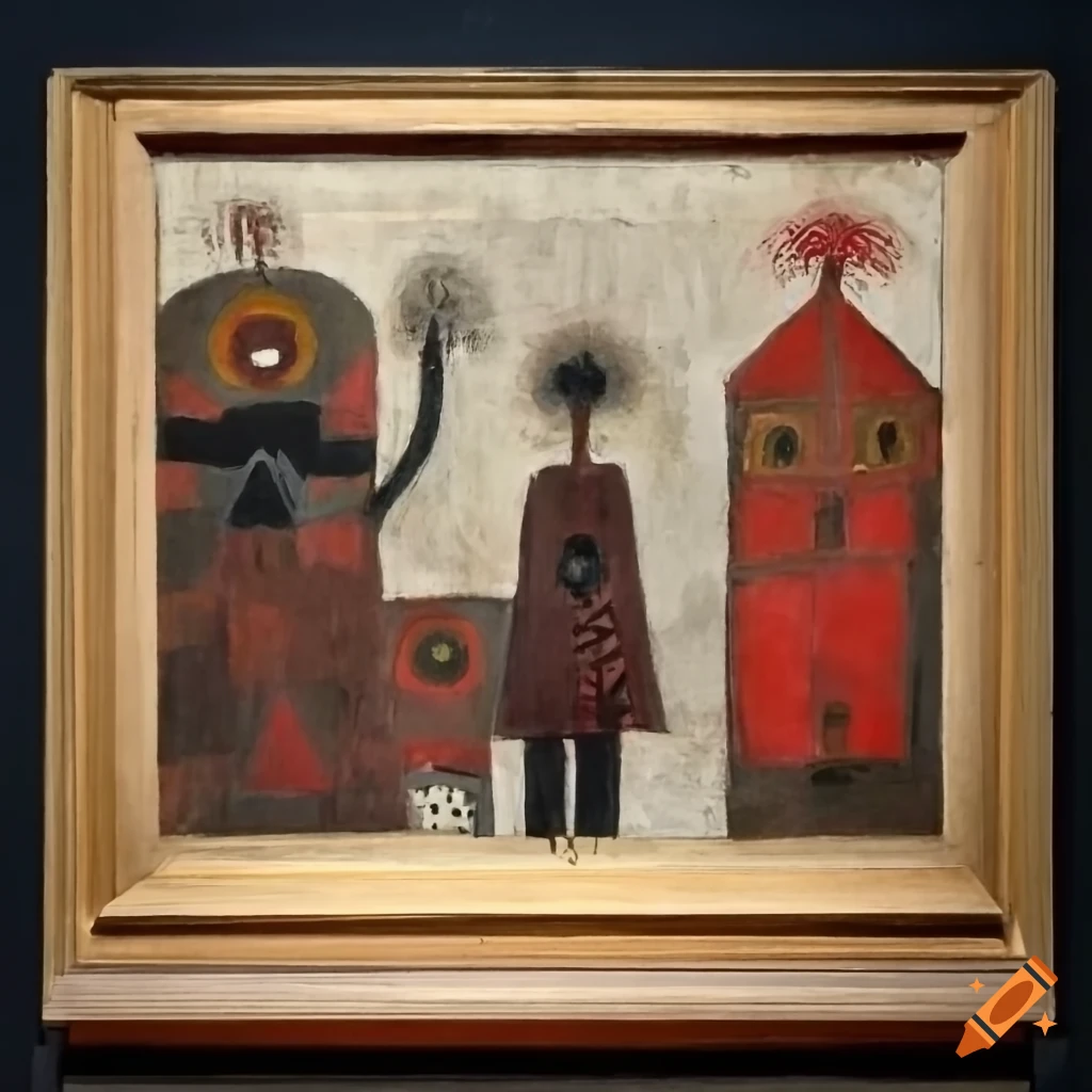 Angels and demons battle in a dollhouse inspired by Jacob Lawrence, Horace Pippin, and Paul Klee in black