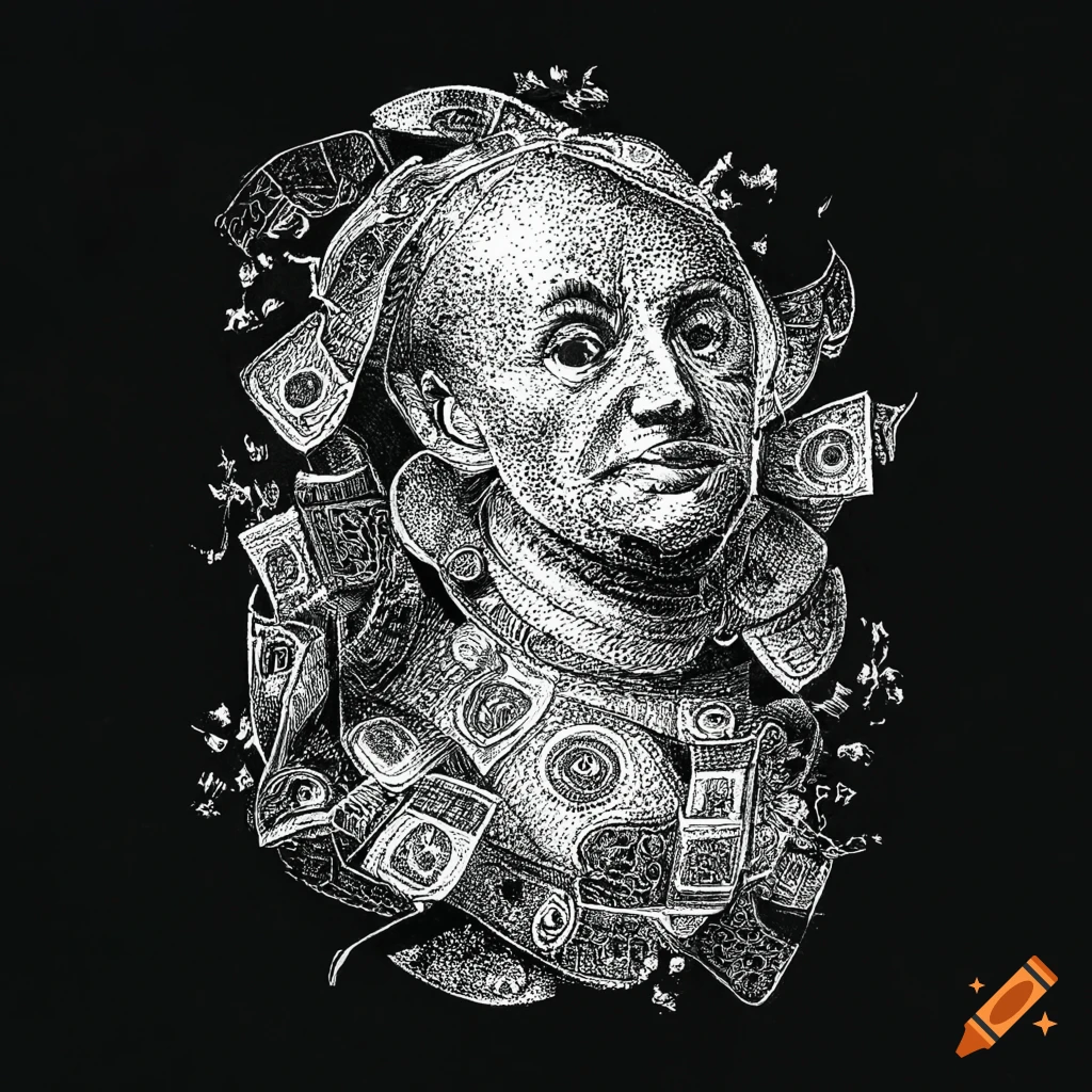 Money illustration in pen and ink black and white stiple drawing