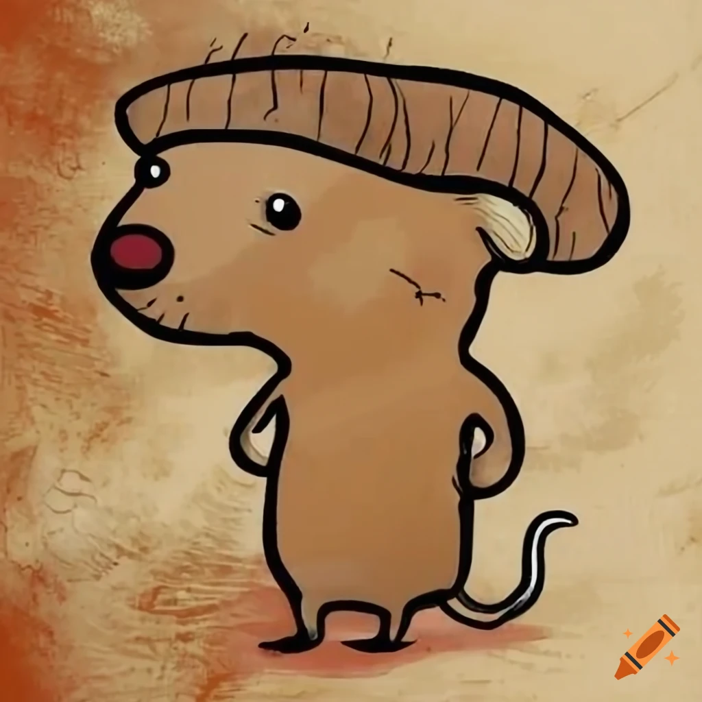 Mouse with spear and newsboy cap in cave painting style