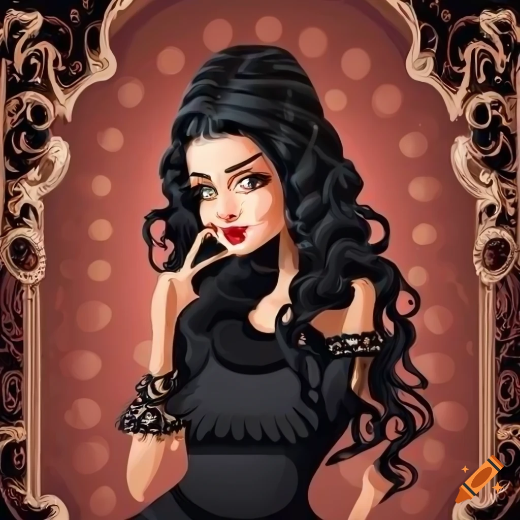 Beautiful woman in black standing in front of a baroque backdrop