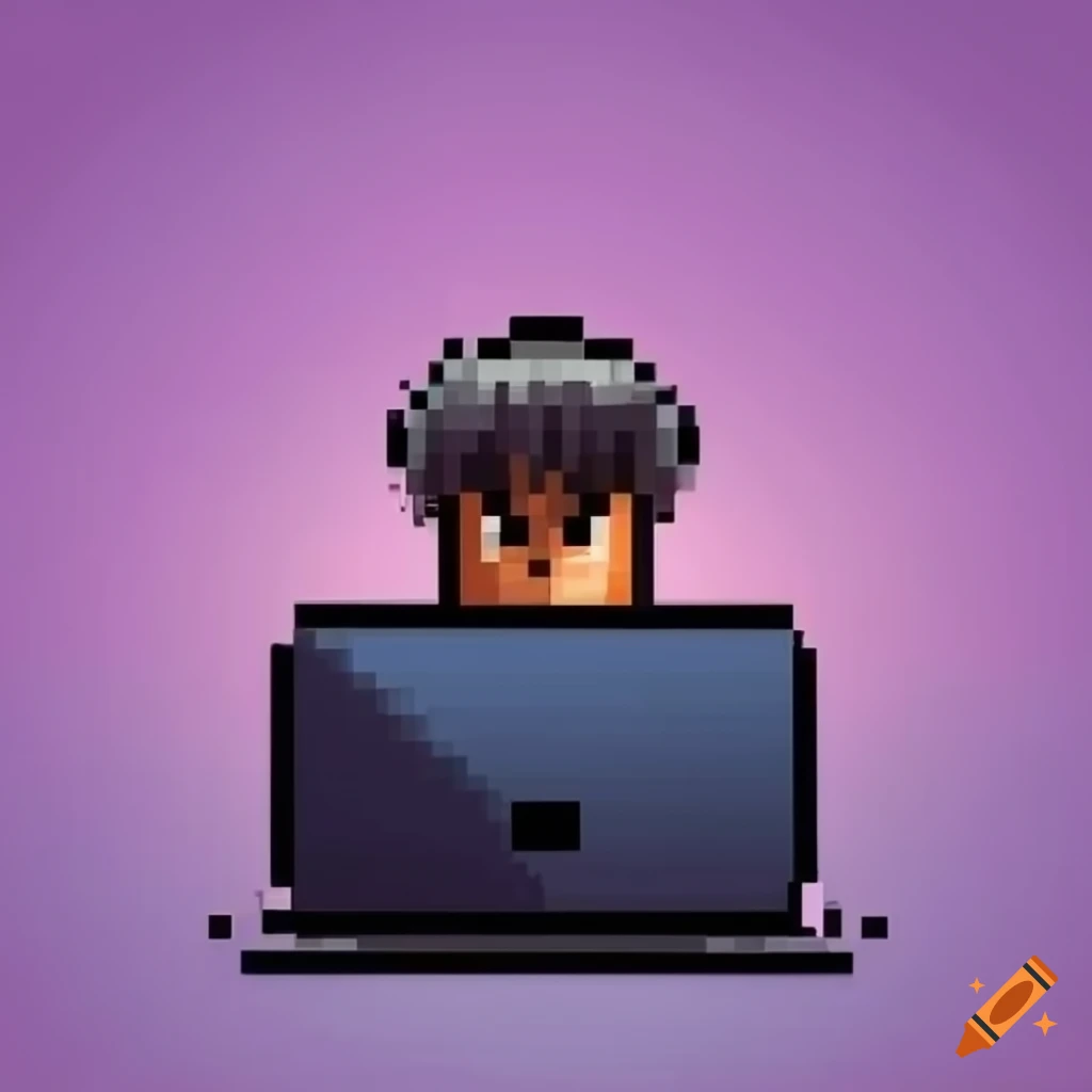 Pixel guy coding on a laptop