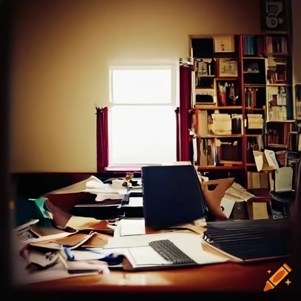 Room searched by the police with a pile of documents on the desk