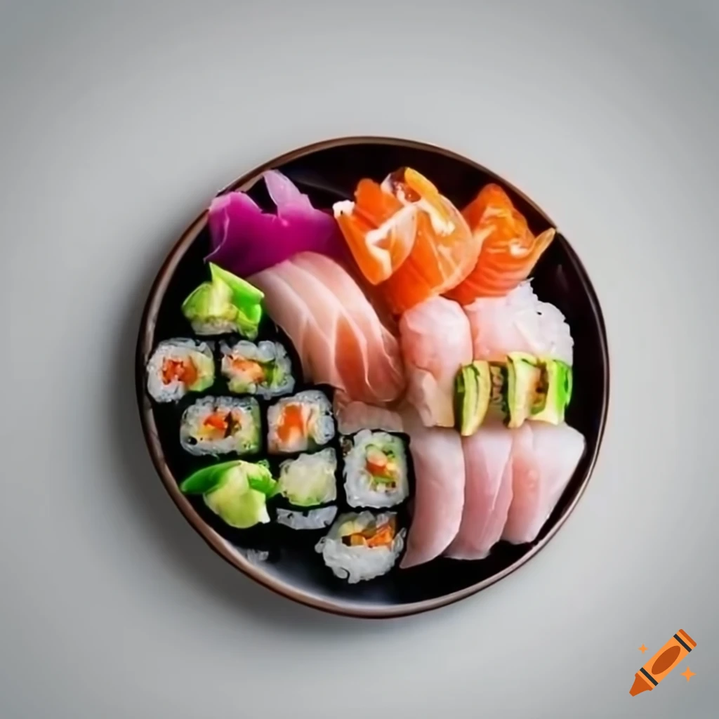 Colorful plate of meticulously rolled sushi with fish and vegetables