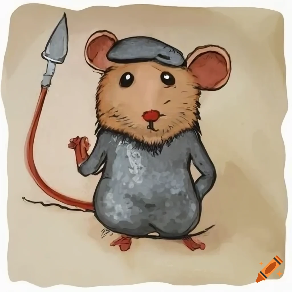 Mouse with spear and newsboy cap in cave painting style