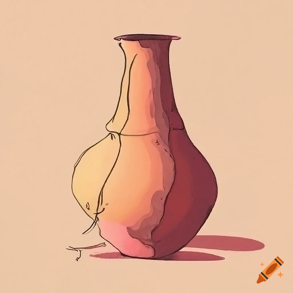 Color pen and ink sketch of a ceramic vase in warm colors