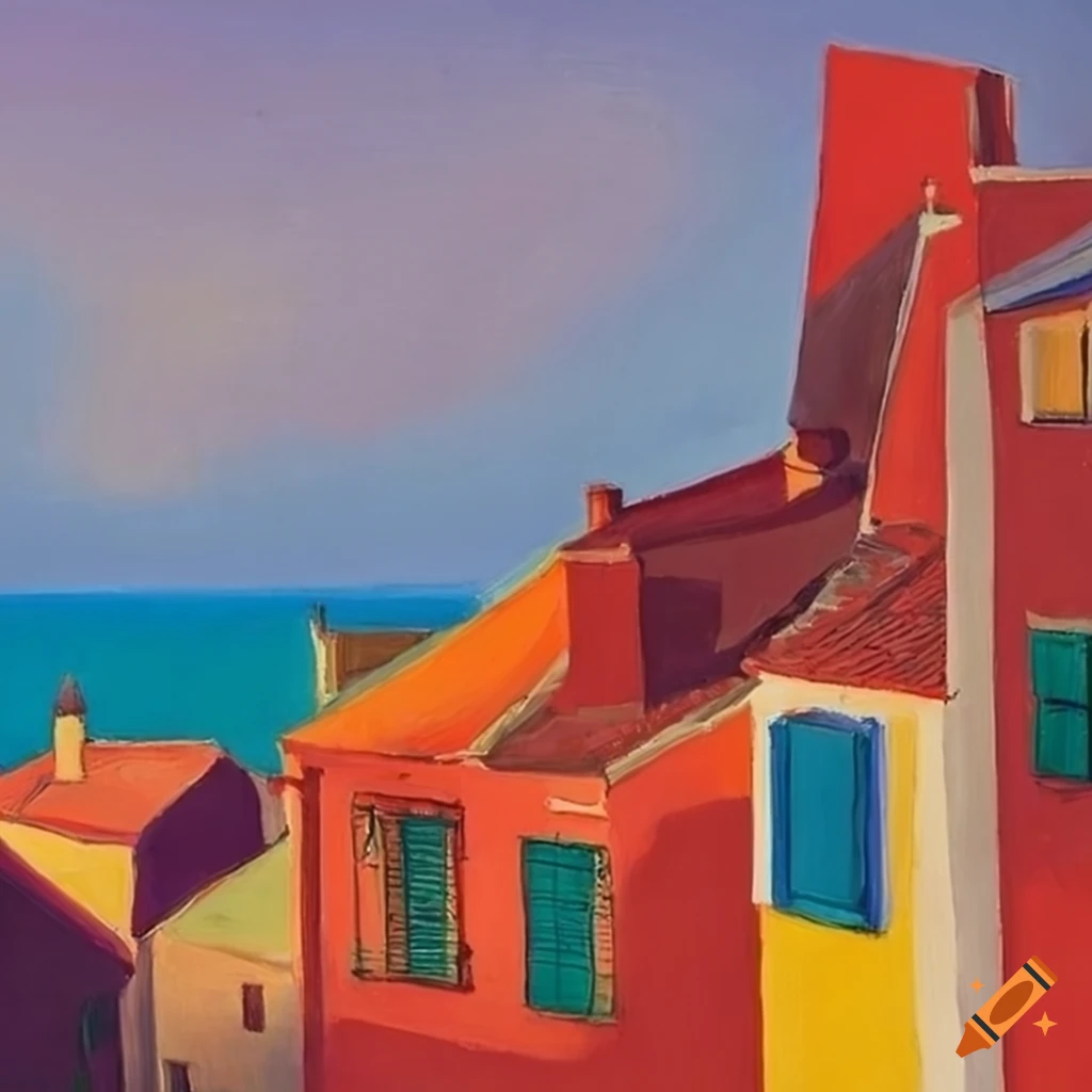 Mediterranean village with red roofs, white walls, and colorful windows and doors