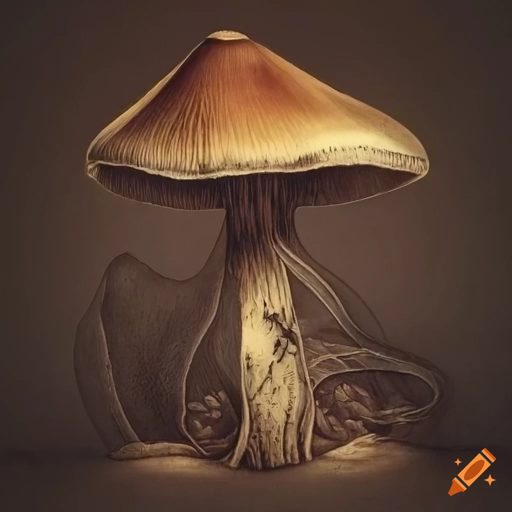 Intricately detailed Psilocybe mushroom in antique etching style