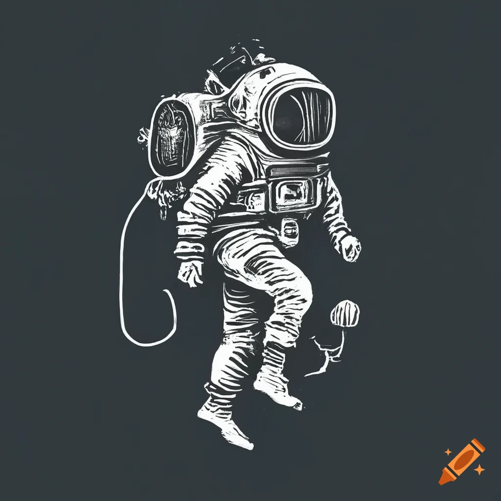 Surreal linocut astronaut with deep sea diver helmet falling, Beksiński style