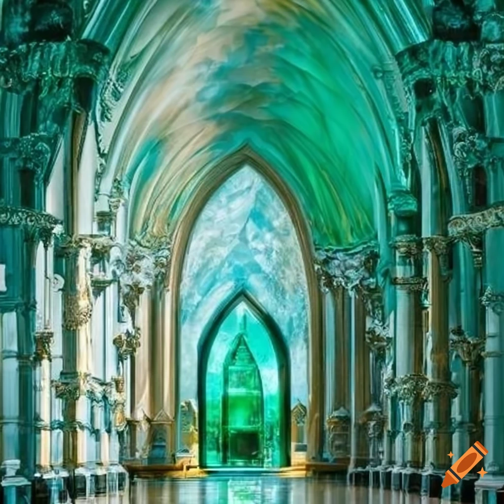 Emerald green, white, and gold Quartz crystal great hall with high arches and diffused light