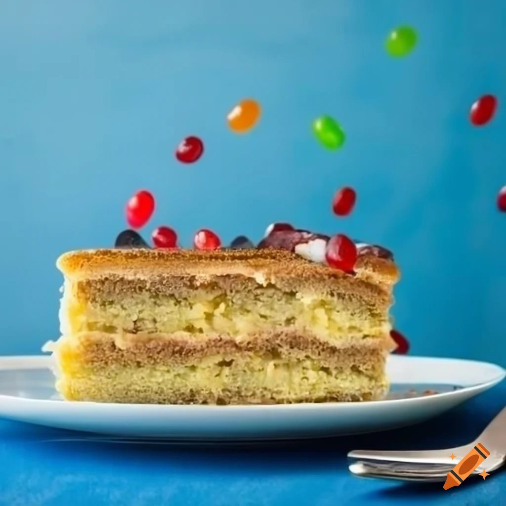 Vibrant jelly bean cake on a plate with blue backdrop