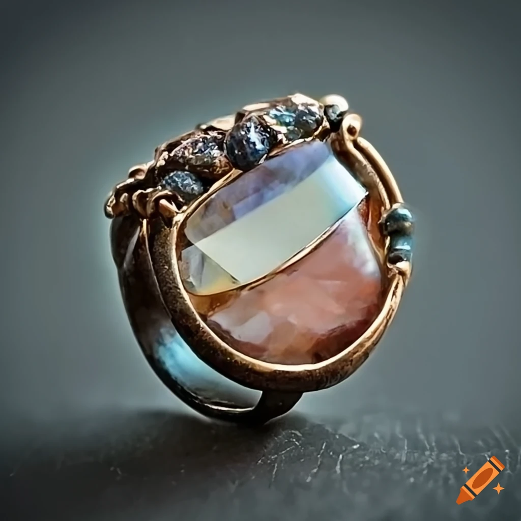 Rustic semi-circle ring with reflective stone setting and rough edges